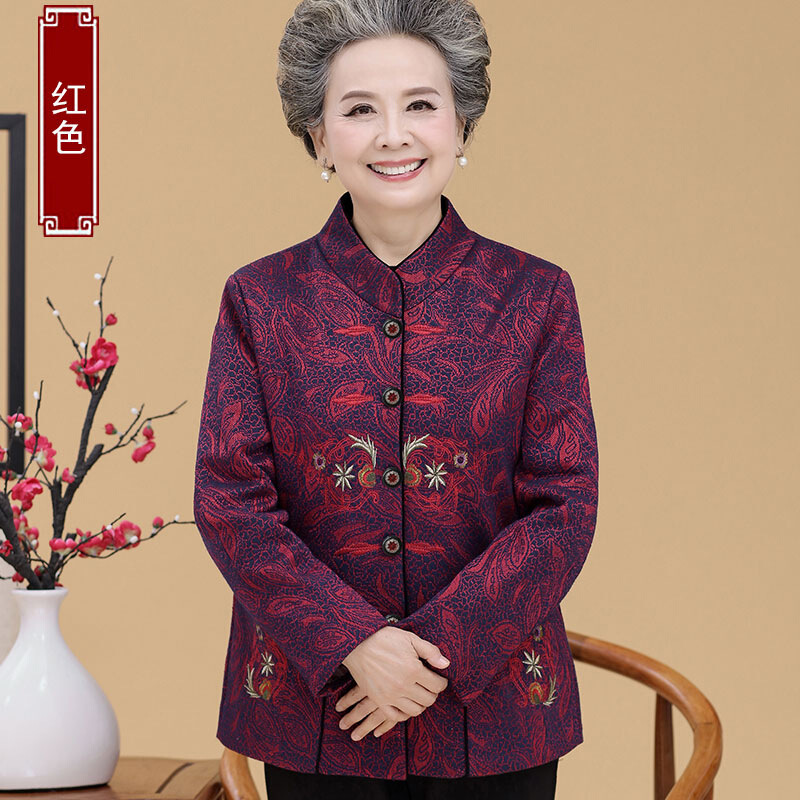 迪鲁奥（DILUAO)轻奢品质中老年人女装秋装外套薄款60岁70妈妈80奶奶装春秋太太老人上衣服_275 红色上衣 XL建议105-115斤左右详情咨询客服