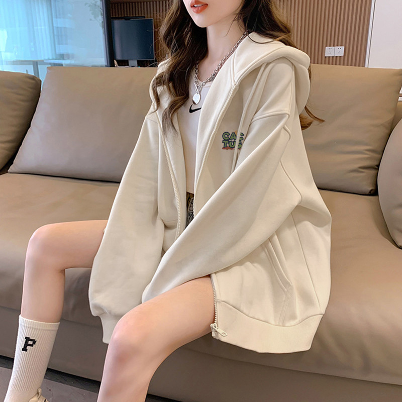 唐狮春季新款连帽左胸学院字母外套女净色百搭可爱休闲上衣