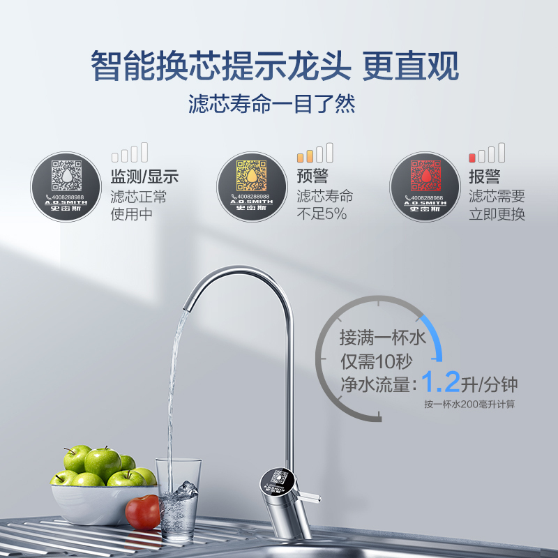 AO史密斯净水器家用 直饮净水机 反渗透过滤 整机质保5年 专利3年RO膜400G 1200S
