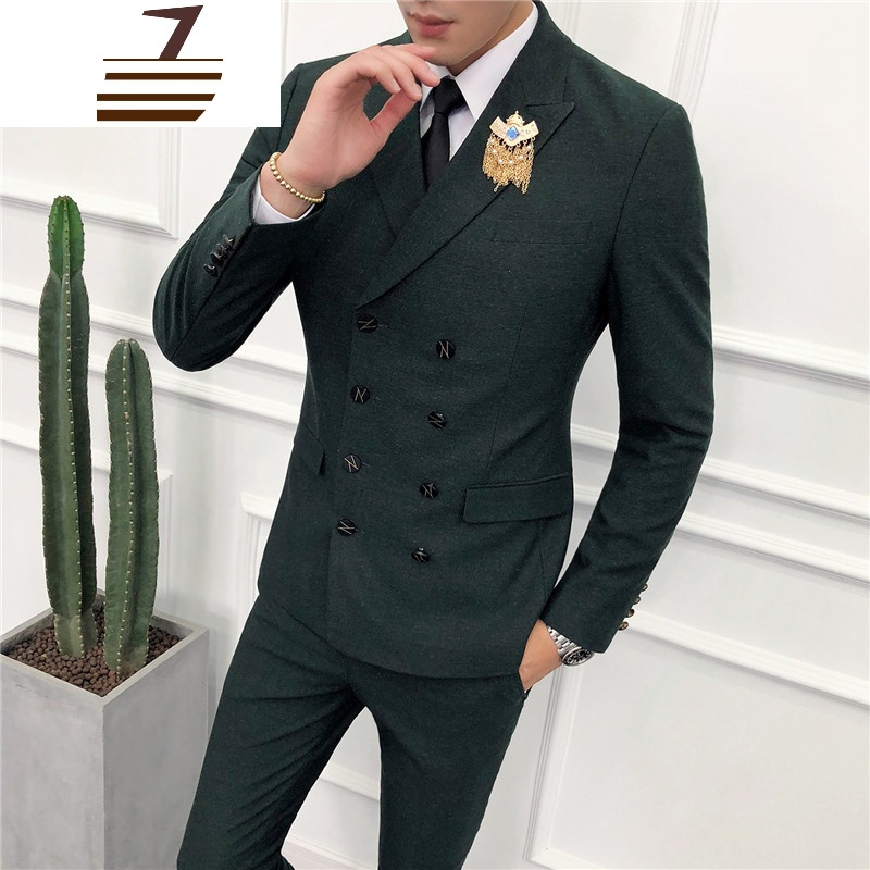 newlake秋冬夜场男模主持人服装时尚潮流双排扣西装套装男士修身结婚