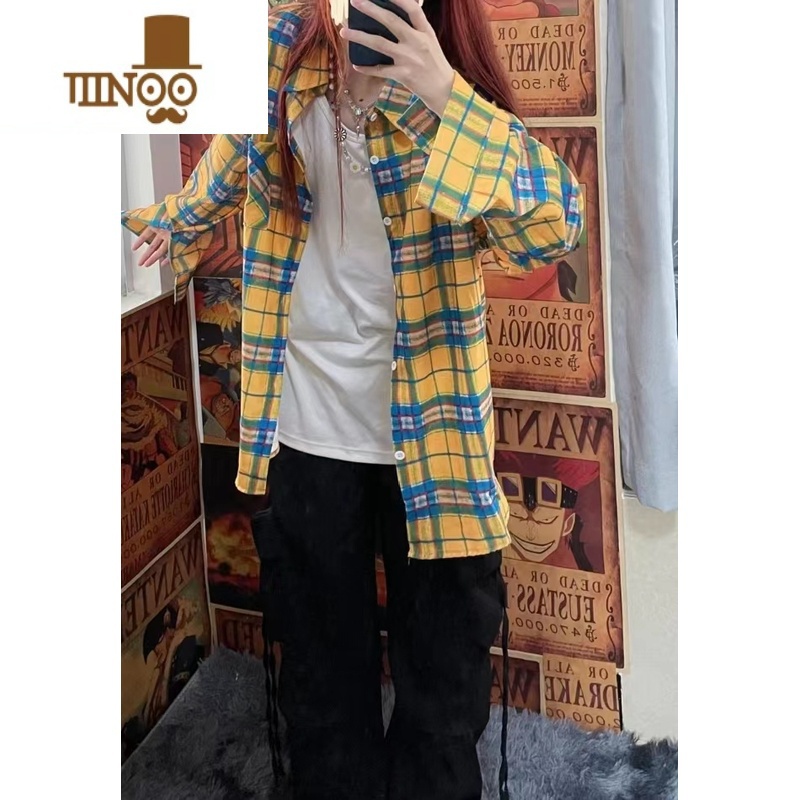 YANXU2023款美式复古格子衬衫男女港风宽松休闲情侣衬衣外套上衣N高清大图