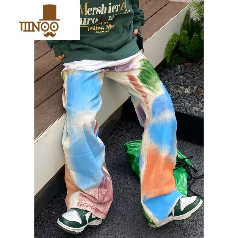 YANXUe020水洗涂鸦牛仔裤高街直筒休闲裤美式新款感裤子男女长裤水高清大图