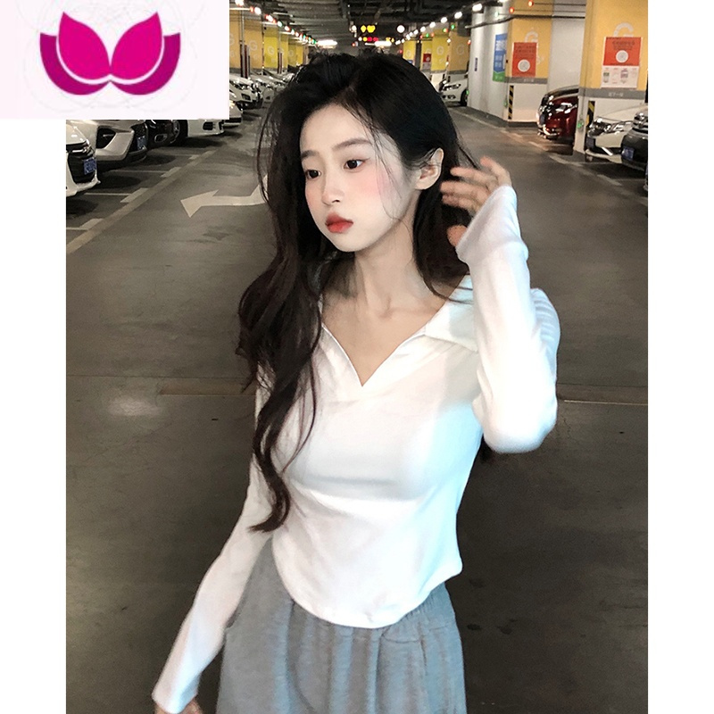 七斓polo领纯欲风短款长袖T恤女春季新款辣妹设计感修身白色打底上衣