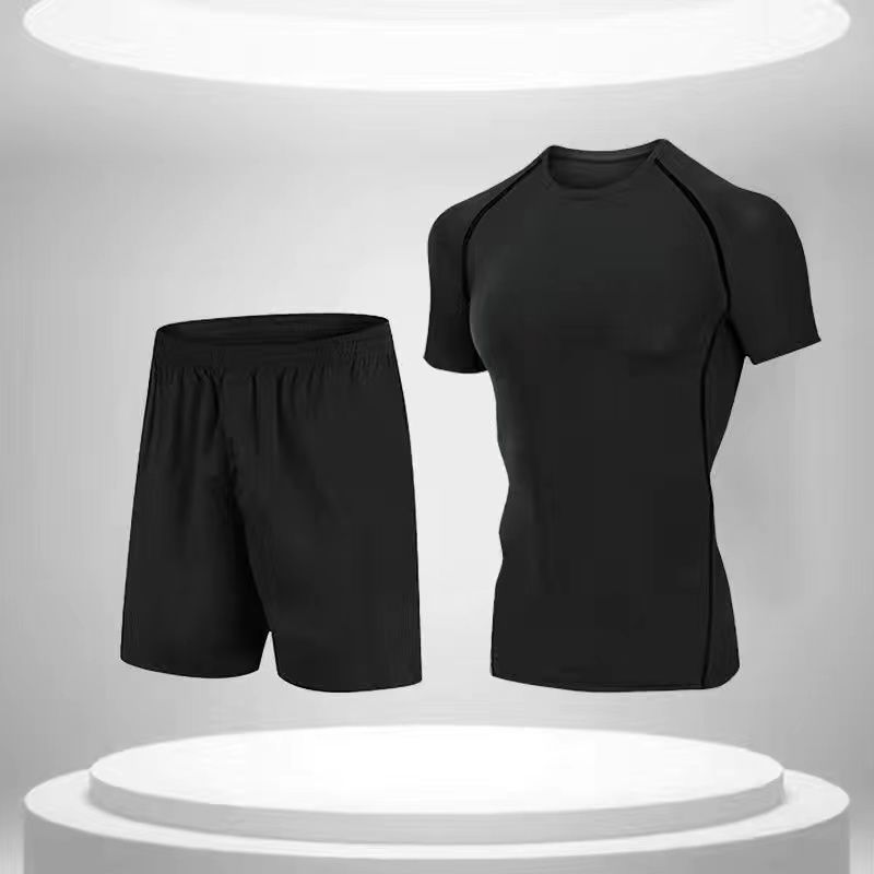 健身衣服男套装跑步运动春夏训练速干高弹紧身衣晨跑篮球跑步衣服 精英短袖+短裤【超值两件套】 XL码【建议140斤-160斤】