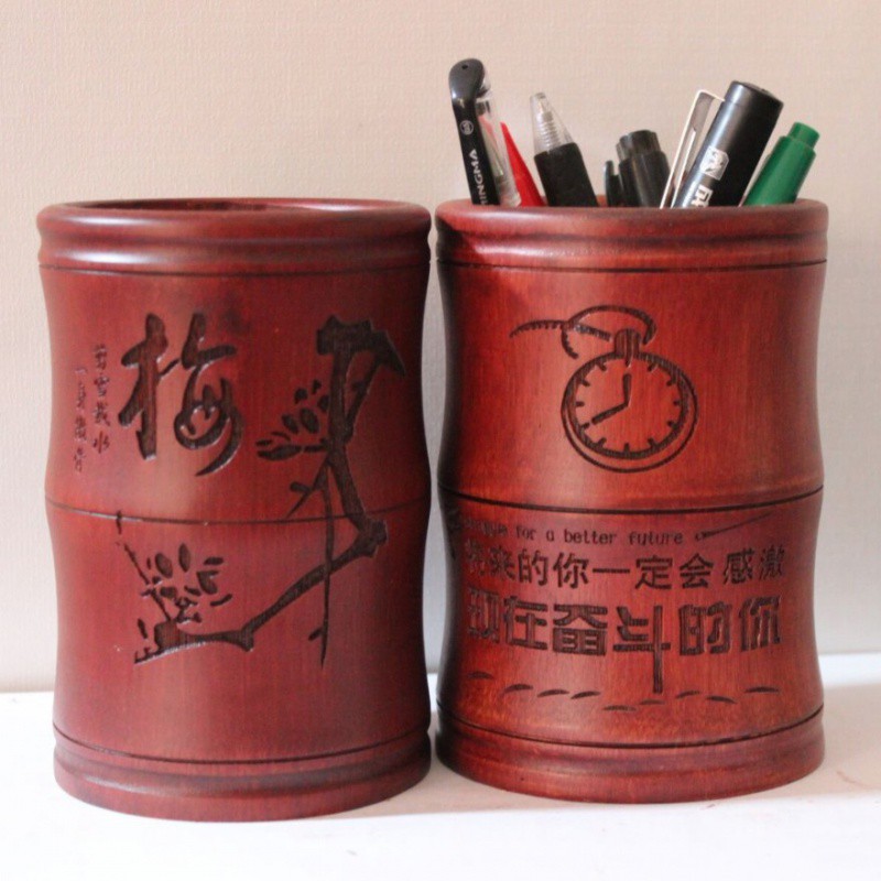 竹制中国风圆形毛笔筒木制定制学生复古创意时尚多功能办公刻笔桶 三维工匠 桔红色雕刻[论语]高清大图
