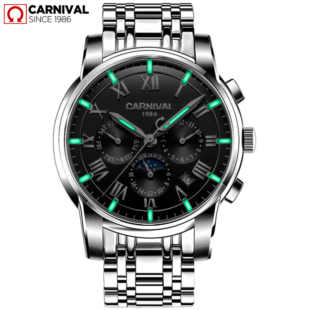 瑞士嘉年华Carnival新款全自动机械表 男士高清夜光手表男表精钢运动荧光防水腕表时尚休闲夜光表8799G 玫金白面蓝光