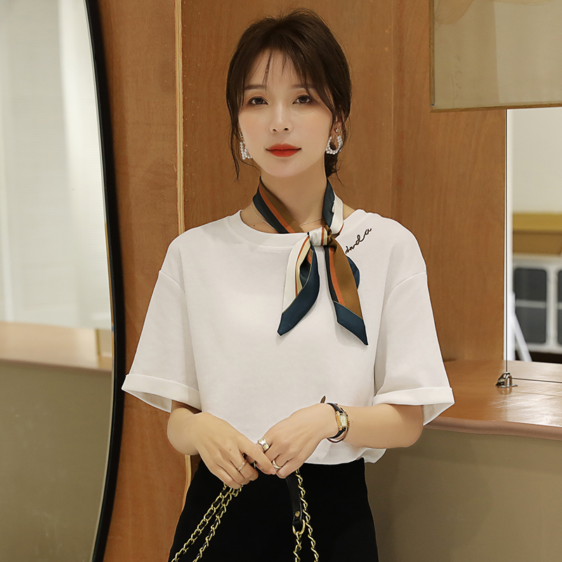 丝巾系带短袖t恤女夏季新款宽松显瘦洋气上衣职业圆领白色衬衣ol