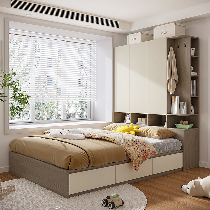 木月储物床现代简约单人床高箱床家用卧室榻榻米床小户型衣柜床一体