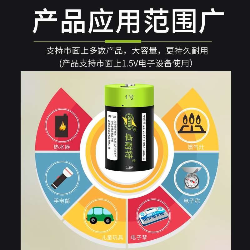 卓耐特 1号可充电电池2节6000毫安热水器燃气灶1.5V一号USB锂电池