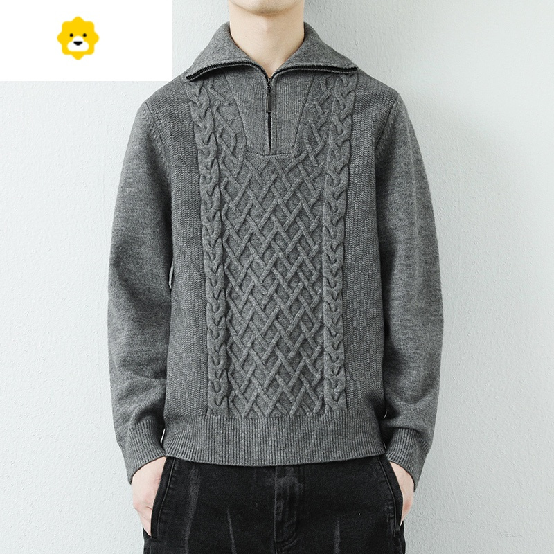 fishbasket半拉链毛衣男士款复古翻领针织打底衫外套男装潮加厚提花线