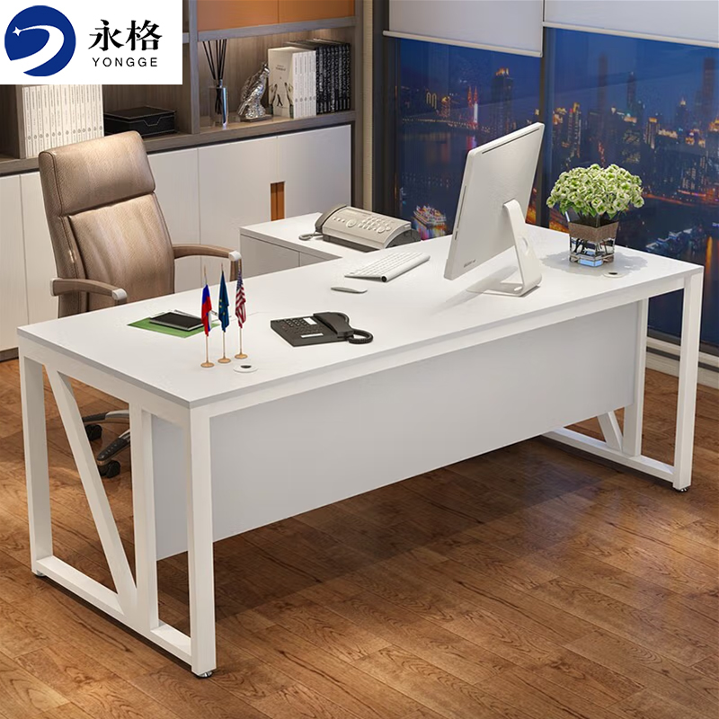 永格办公家具办公桌组合职员工电脑桌屏风工位现代简约单人办公室老板桌椅白架+白色总长1.6米【含侧柜】高清大图