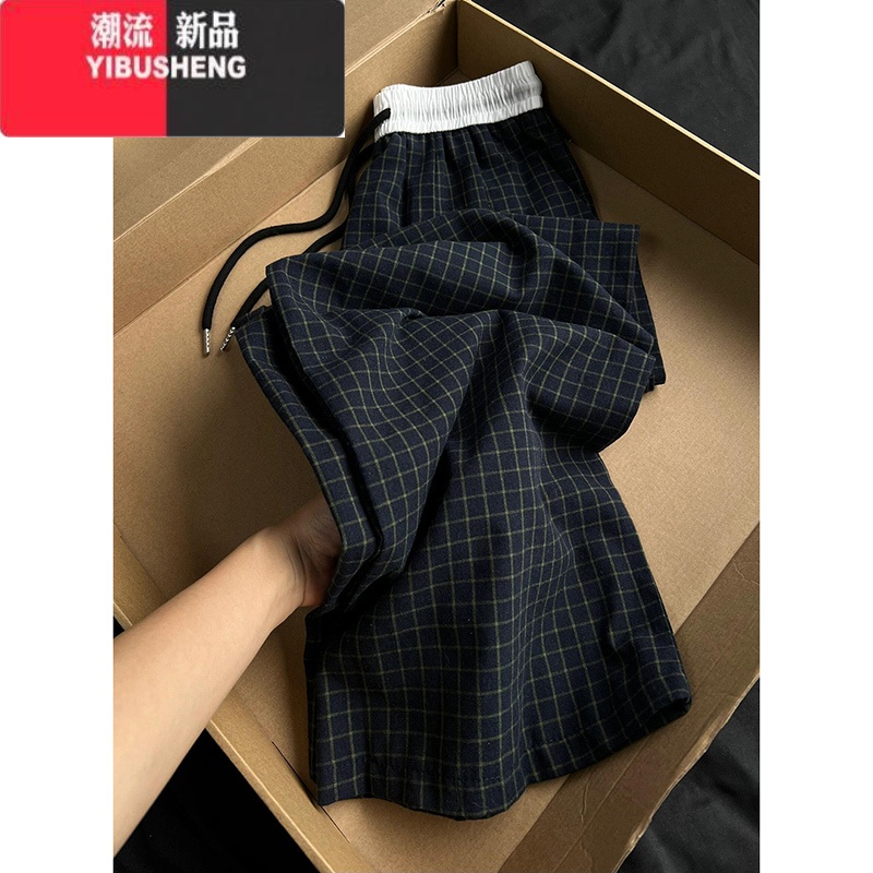 YIBUSHENG国潮牌拼色格子高腰休闲裤女季宽松阔腿原宿风休闲百搭直筒长裤 图片色 XL