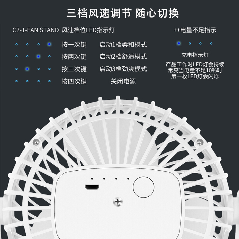 志高(CHIGO)USB小风扇迷你台式学生宿舍小型电风扇办公室夹扇壁扇桌面风扇夏季风C7-1(C)白色插电款