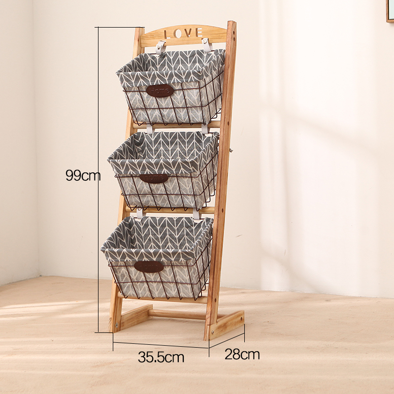 森美人客厅置物架实木玩具收纳架创意书报架落地多层书架铁艺储物架家用 三层-单排-灰树筐