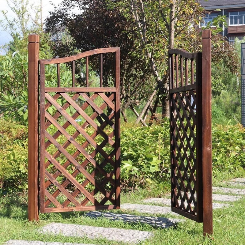 质凡栅栏门防腐木门园艺双开篱笆门菜园院子门木围栏花园门户外木质高清大图