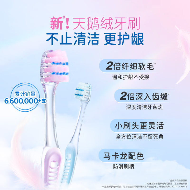 佳洁士细毛护龈小宽头超细软毛天鹅绒护龈牙刷樱花粉*2静谧蓝*2深洁齿缝