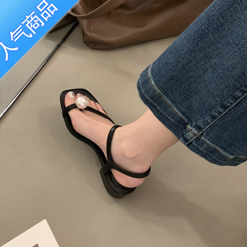 SUNTEK珍珠凉鞋女2023年新款韩版温柔仙女风气质一字扣带法式粗跟罗马鞋高清大图