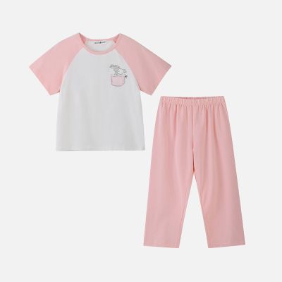 【1件3折】铅笔俱乐部2025夏装新品女小童家居服儿童居家两件套宝宝短袖裤子 虾玉红 150cm