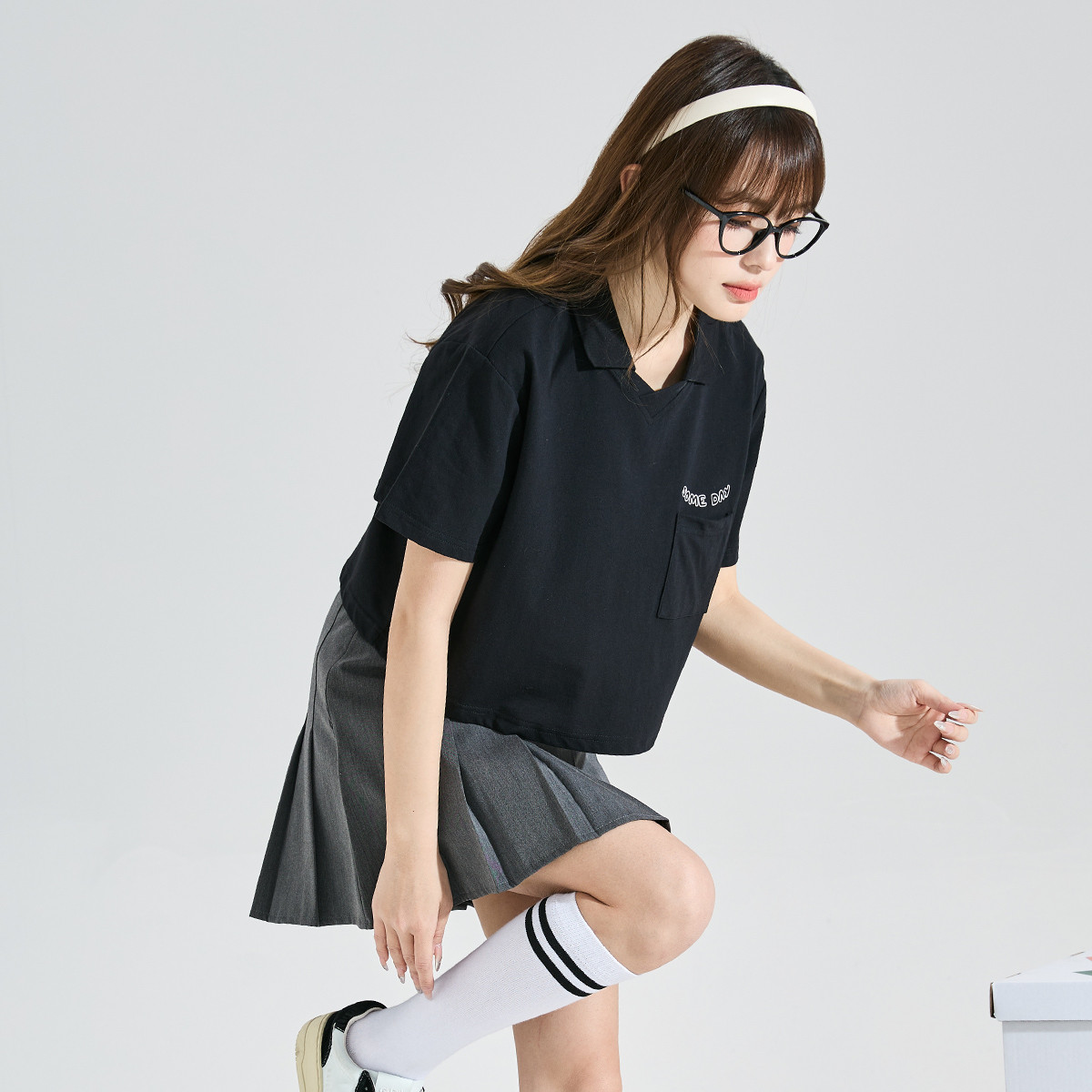 短袖polo女夏季宽松休闲学院风短袖t恤上衣百搭_25678 M 黑色