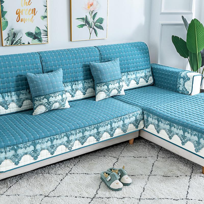 家柏饰(CORATED)四季通用防滑沙发垫坐垫子布艺全包萬能沙发套罩沙发盖布沙发巾 澜亭蓝灰 90*210cm高清大图