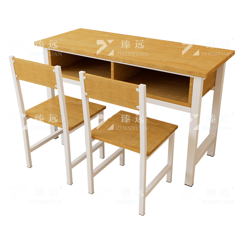 臻远ZY4082143 学生课桌椅双层带抽屉培训班学习桌学校辅导班教室双人桌 胡桃色含椅子+白架1200*400*800