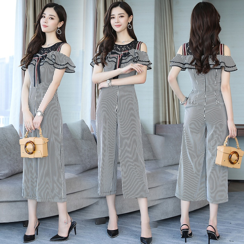 女士春夏装新品韩版时尚气质显瘦连体裤矮个子连衣裤漏肩时髦套装