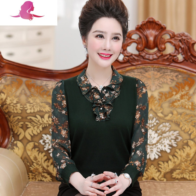艳如飞中老年女春秋装洋气长袖上衣中年遮肚打底小衫妈妈针织t恤40-50岁妈妈装
