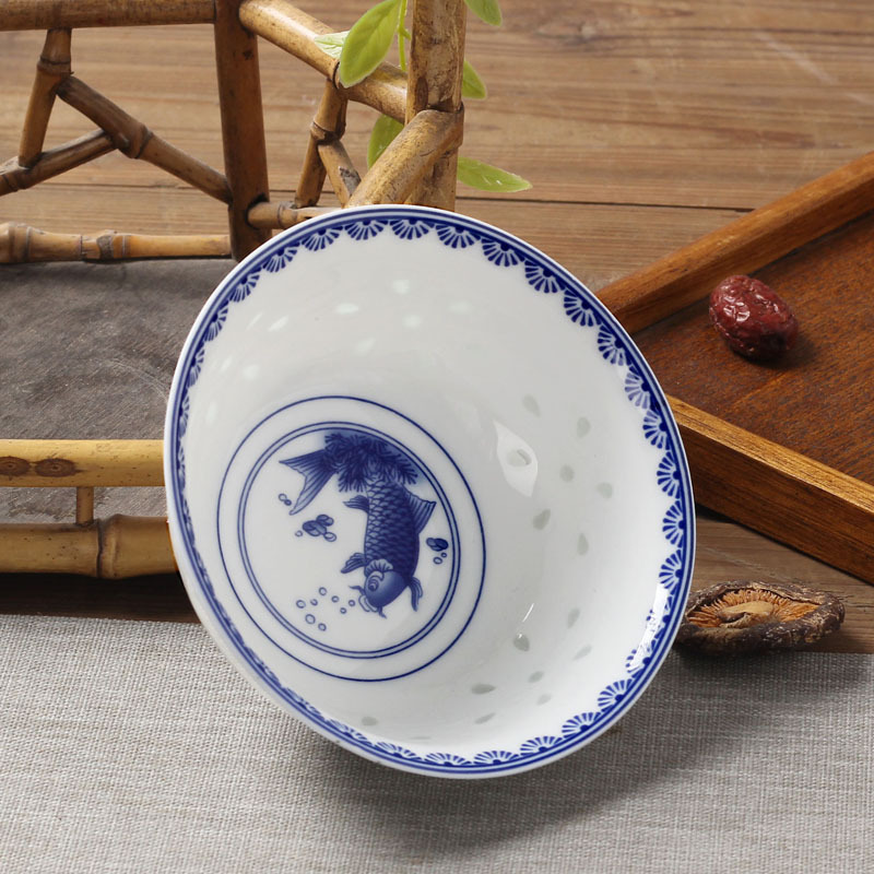 LICHEN 景德镇青花玲珑陶瓷碗 釉中彩陶瓷器饭碗 年年有鱼 5英寸饭碗1个 微波炉适用