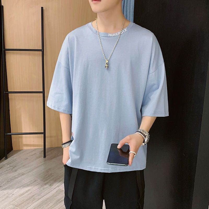 流休闲宽松纯色男衣服棉打底衫牌时尚嘻哈简约半袖体恤青年男装汗衫