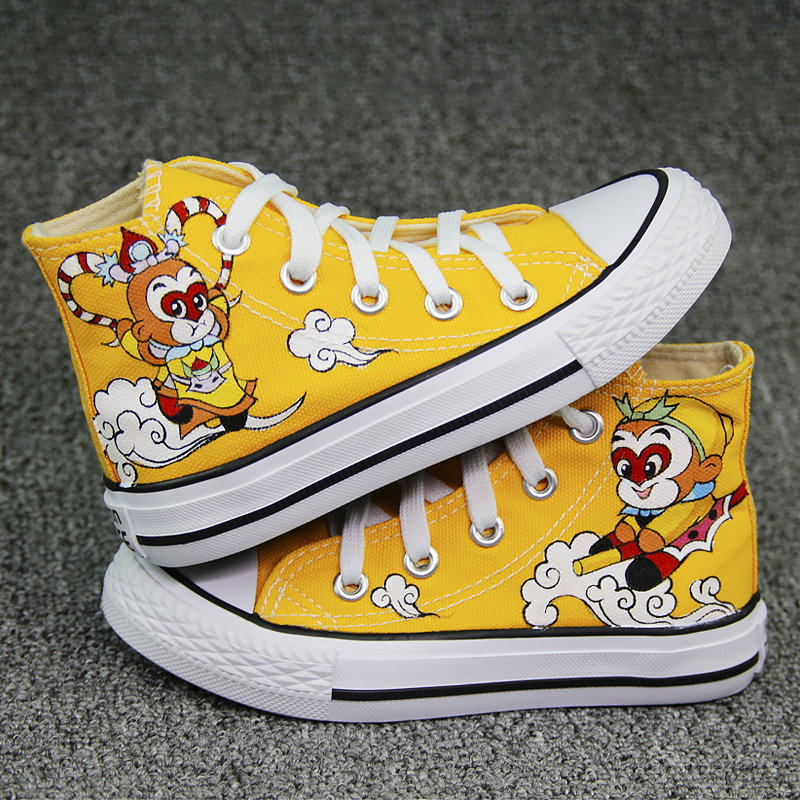 七斓儿童帆布鞋高帮女手绘鞋系带板鞋休闲鞋大女童鞋子春秋涂鸦布鞋