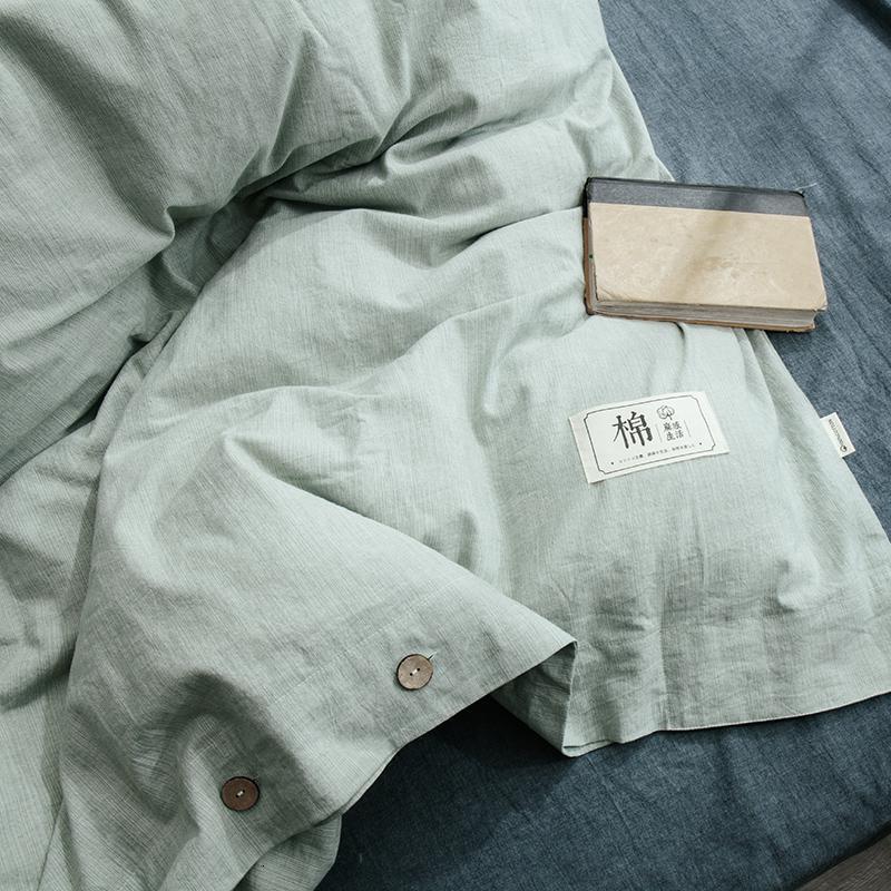 美帮汇简约棉麻风四件套亚麻色纽扣素色全棉全棉被套床单床笠床上用品