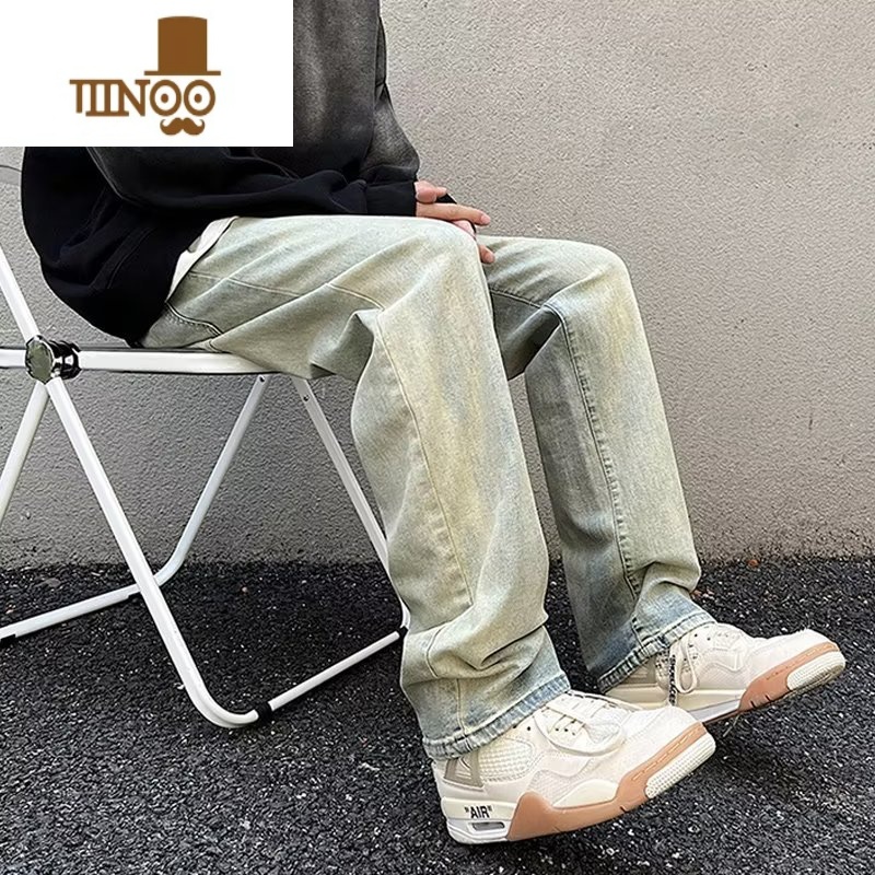 YANXU欧美vibe风高街复古黄泥染做旧牛仔裤男显瘦hiphop宽松直筒长裤潮高清大图