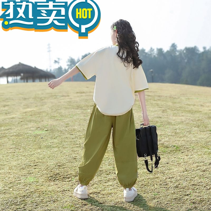 绿彩虹光女童运动套装夏装2023新款洋气儿童夏季中大童12岁女孩15潮两件套