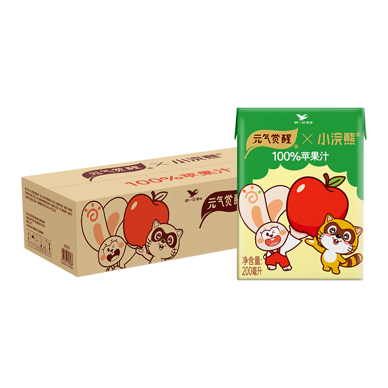 小浣熊联名】统一元气觉醒100%苹果果汁饮料便携装200ml*24盒整箱