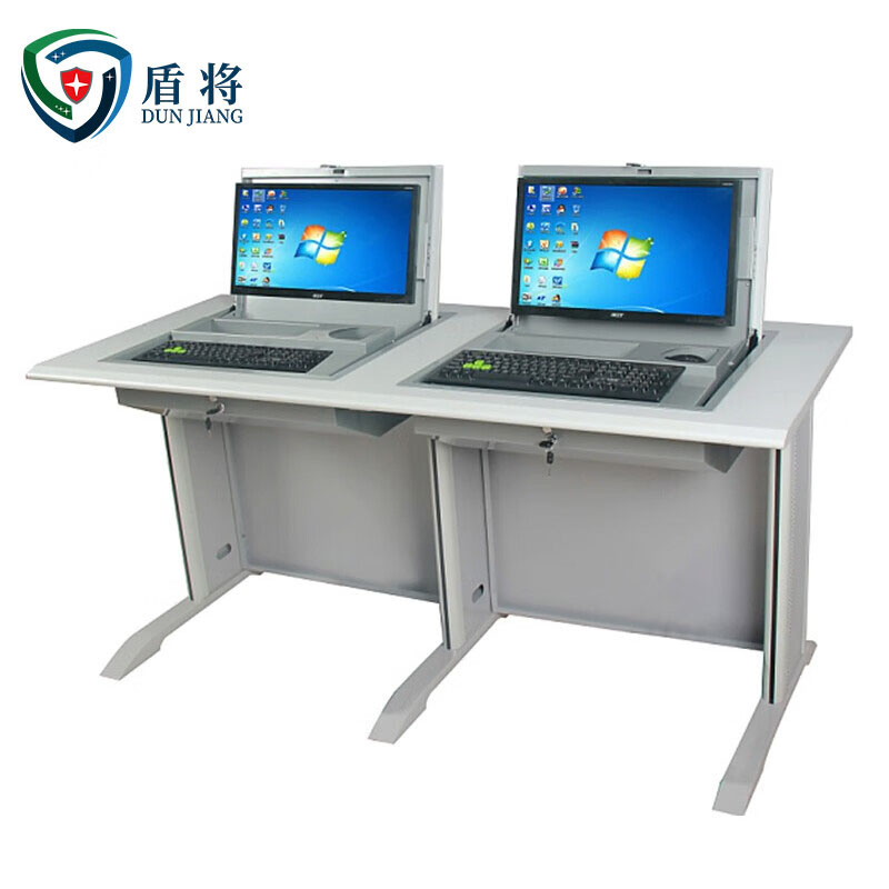 盾将翻转电脑桌多媒体办公桌22寸隐藏式学习桌培训桌灰白色FZ29 双人高清大图