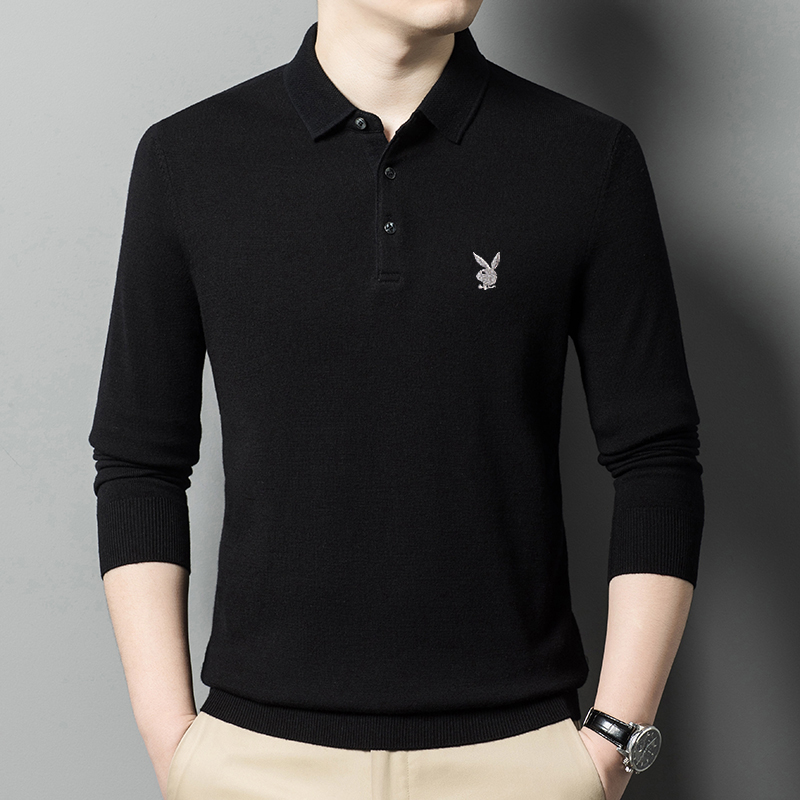 花花公子秋冬季纯羊毛衫男翻领中年爸爸装加厚毛衣针织打底衫 黑色 185