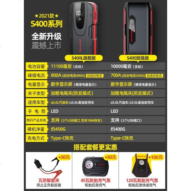 [补贴10%]纽曼汽车载电瓶应急启动电源12V充电宝启动器车辆打火搭电宝神器 [力荐套装]S400L旗舰版+凌翼充气泵高清大图