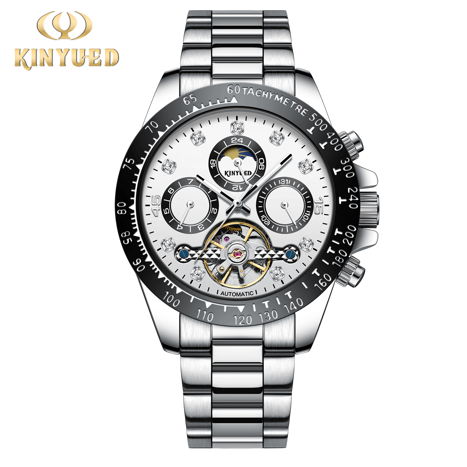 KINYUED全自动机械手表夜光机械表多功表男士手表商务男表钻石表 银壳+白面+银钢带