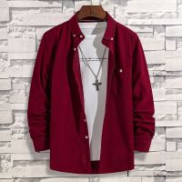 2021春秋款纯色磨毛有口袋青中老年长袖韩版修身灯芯绒宽松衬衫男 L 酒红色