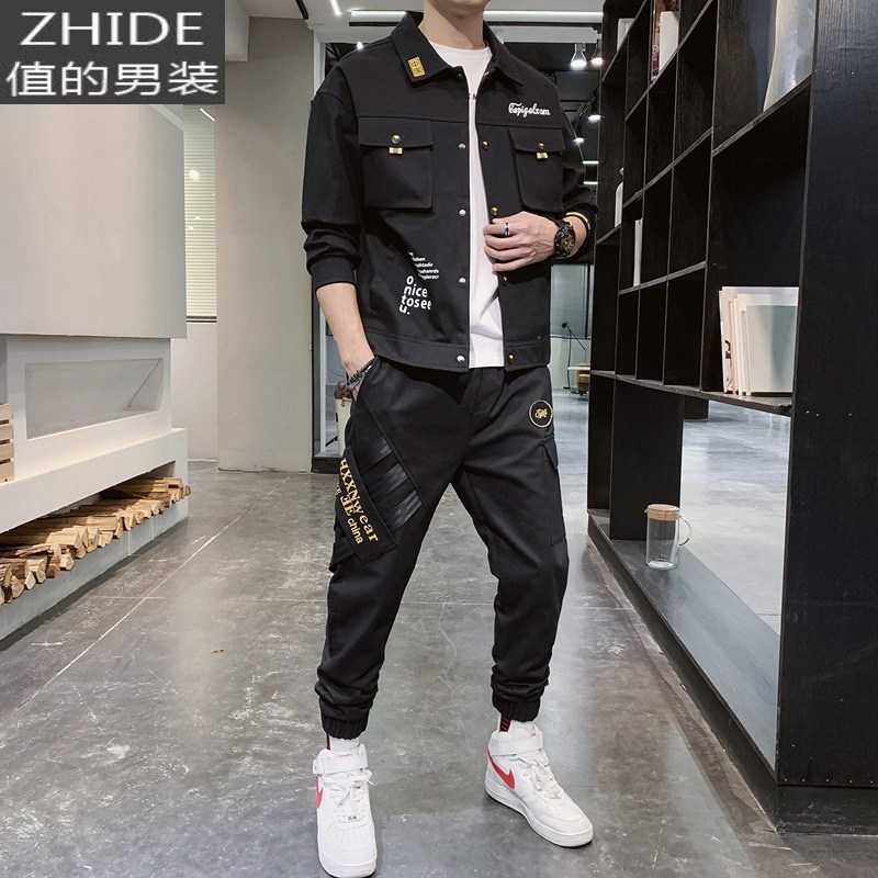 suntek休闲运动套装男士潮流搭配秋冬帅气男装一套潮牌工装痞帅加绒