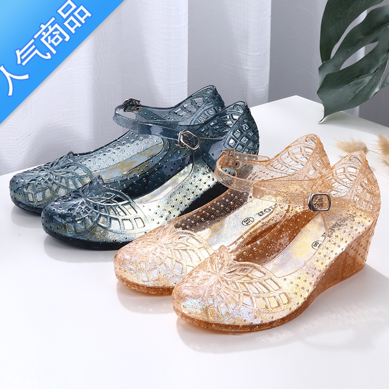 SUNTEK夏季凉鞋侧漏沙滩洞洞坡跟一字扣塑料果冻防滑耐磨透明水TESE高清大图