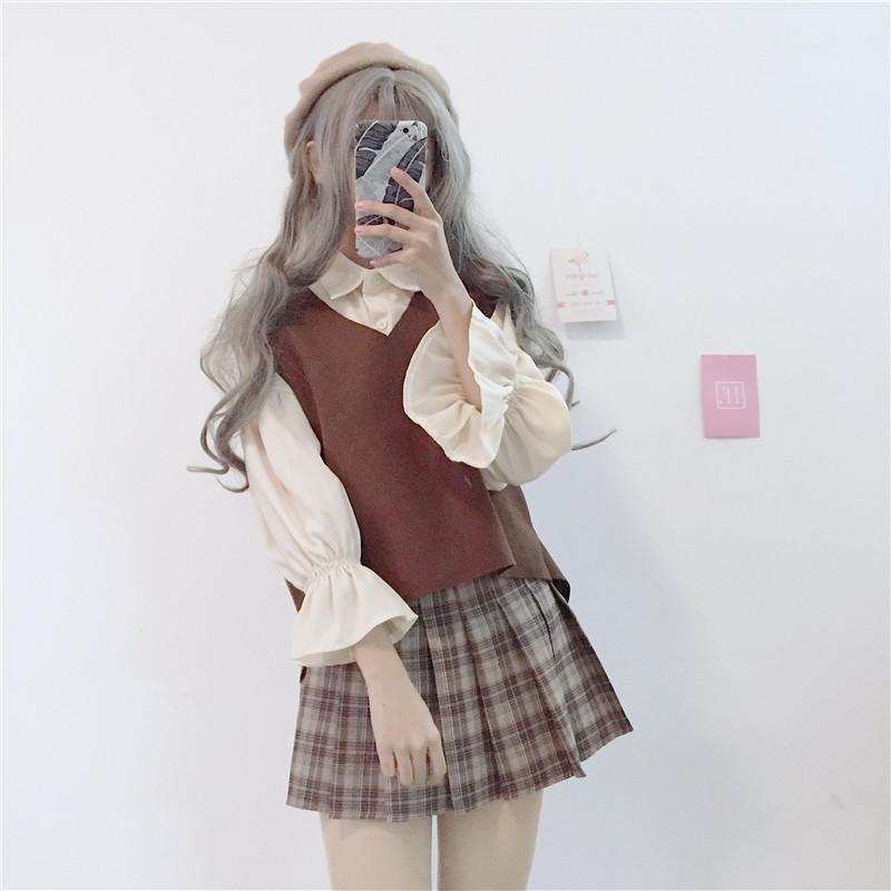 秋冬女装日系软妹喇叭袖打底衬衫+开叉背心马甲两件套学生套装潮绣红+马甲均码