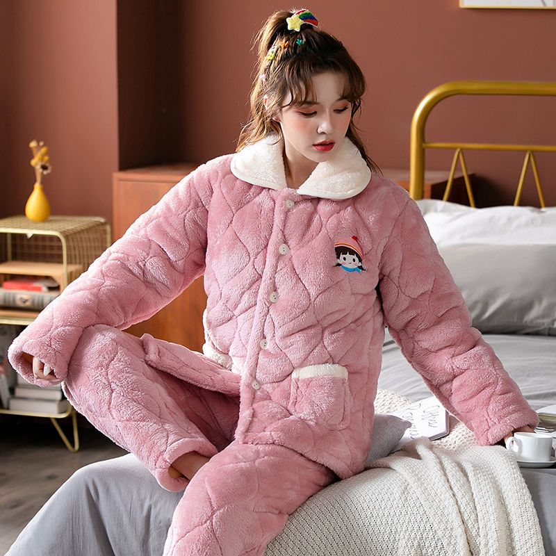 冬季睡衣女加厚新款珊瑚绒三层夹棉保暖棉服法兰绒女士家居服套装衫