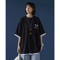 假两件短袖t恤女2021夏季新款拼接字母学生韩版宽松百搭半袖上衣 [拼接单件装]男孩黑 XXS [尺寸时效不保 ]