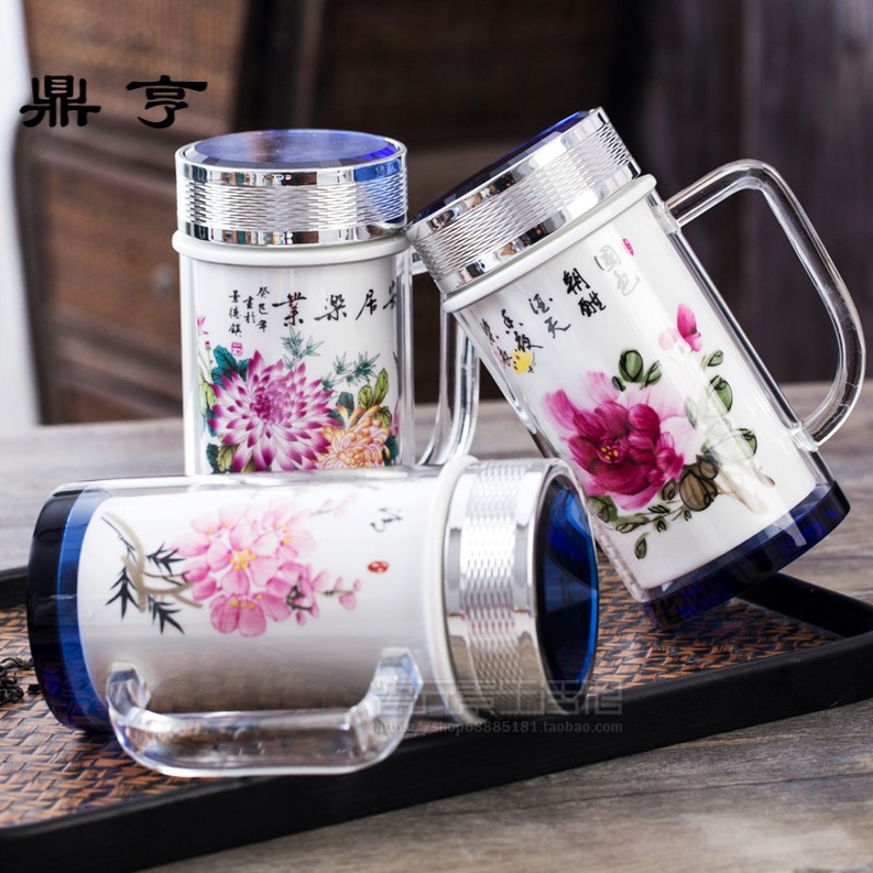 鼎亨陶瓷手绘青花水杯双层保温杯办公杯便携杯泡茶杯带把手礼品
