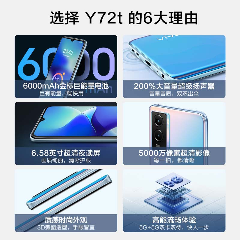 vivo Y72t 8GB+256GB 深空黑 6000mAh大电池 5000万像素主摄 200%超级扬声器 新品5G全网通手机