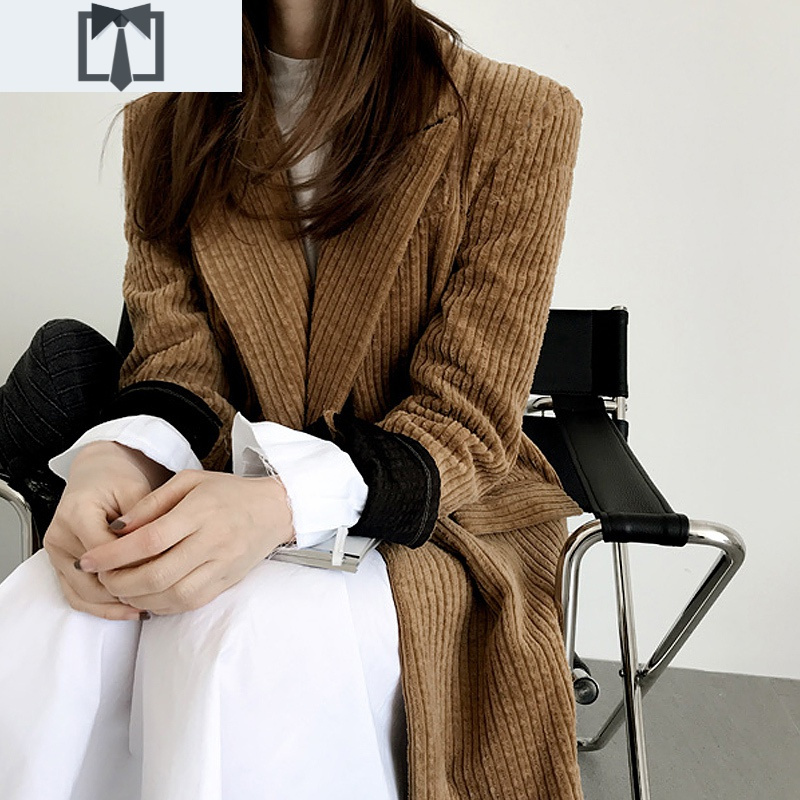SUNTEK韩国2021春装新款chic灯芯绒过膝外套风衣女韩版复古长款条绒大衣风衣
