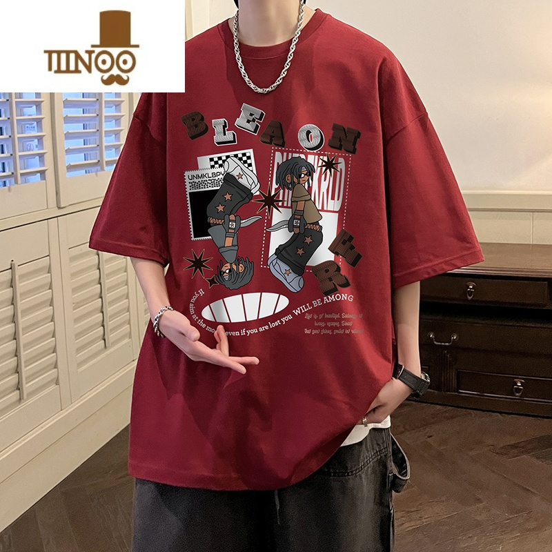 yanxu酒红色短袖t恤男夏季宽松大码美式嘻哈五分半袖视频