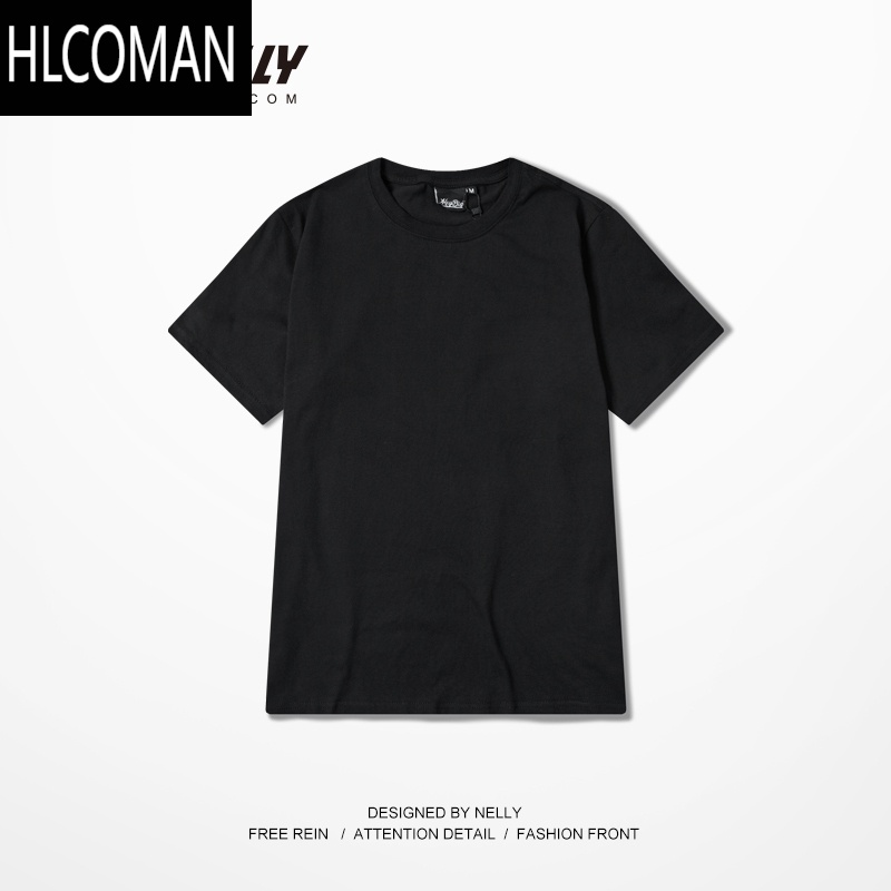 HLCOMANins纯黑t恤短袖新疆圆领打底衫男女情侣基础款上衣潮