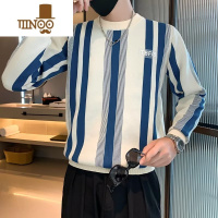 YANXU百搭撞色蓝杏竖条纹男士长袖卫衣男新款潮流圆领针织衫男港风毛衣